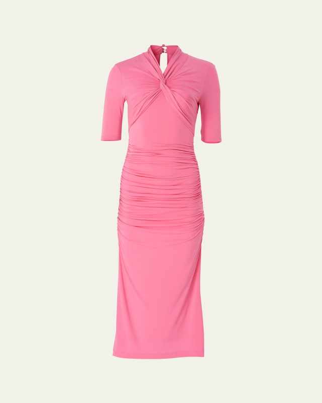 Twisted-Neck Ruched Midi Dress